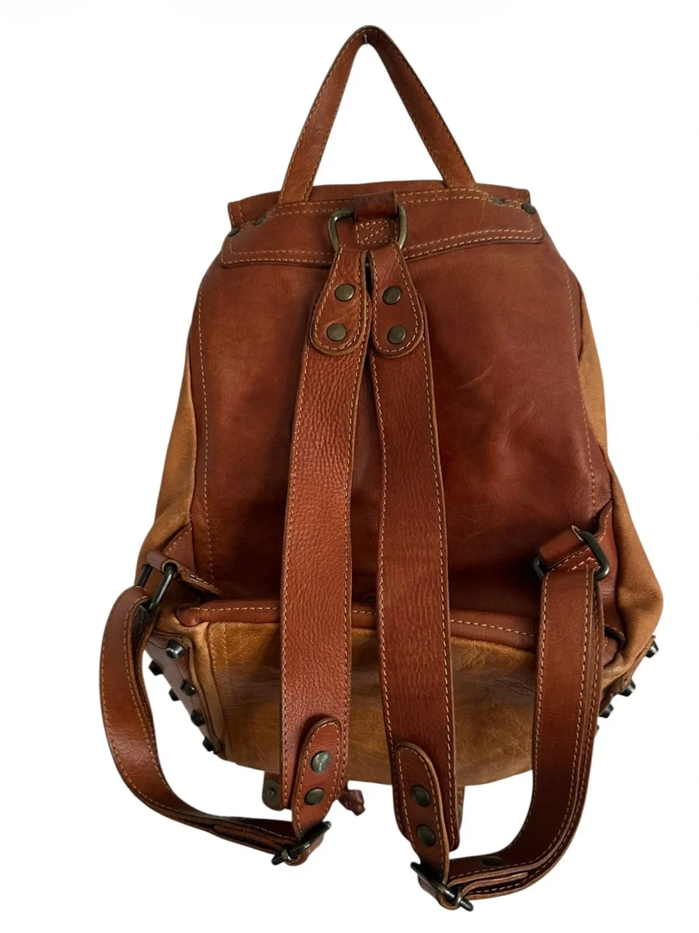 Frye Tracy Two Tone Washed Leather Studded Backpack Cognac Tan
